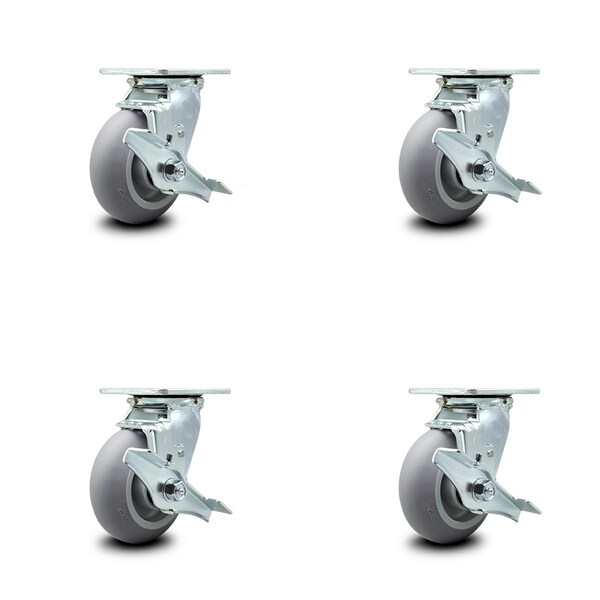 5 Inch Thermoplastic Rubber Caster Set with Ball Bearings and Brake/Swivel Lock